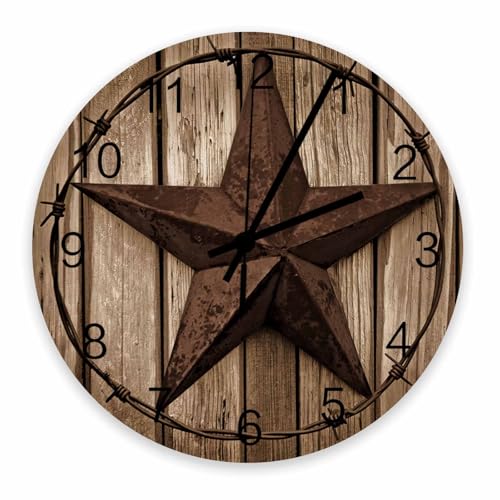 12 Inch Silent Round Wooden Wall Clock Western Texas Star Rustic Wood Grain Wall Clock, Non Ticking Battery Operated Quartz Home Decor Wall Clocks for Living Room/Kitchen/Office