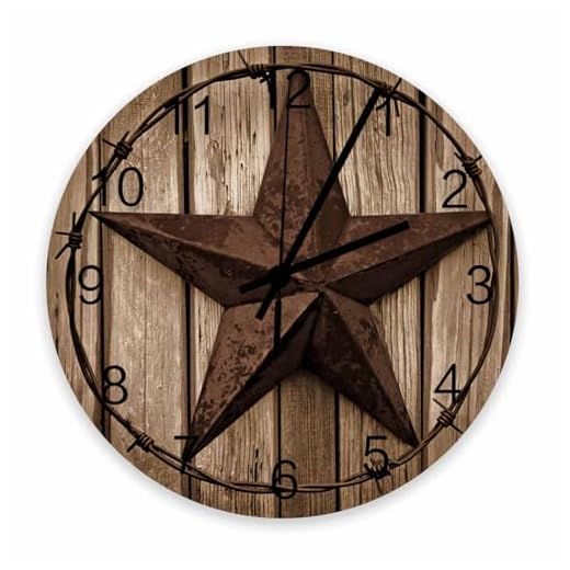 12 Inch Silent Round Wooden Wall Clock Western Texas Star Rustic Wood Grain Wall Clock, Non Ticking Battery Operated Quartz Home Decor Wall Clocks for Living Room/Kitchen/Office