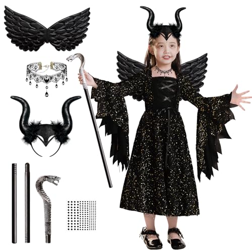 GEEKEO Disfraz Malefica Niña, Bruja Carnaval Disfraces para Niños, 6pcs Costume Vestido de Malvada con Tocado de Cuernos, Alas Negro, Collar, Cetro de Serpiente para Halloween Carnaval Cosplay Fiesta