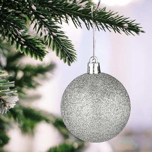 Relaxdays 100x Christmas Ornaments, Baubles, Glittering, Matte & Shiny, Tree Decorations, Plastic, 10 Designs, Silver, 24 x 30 x 12 cm - Image 2