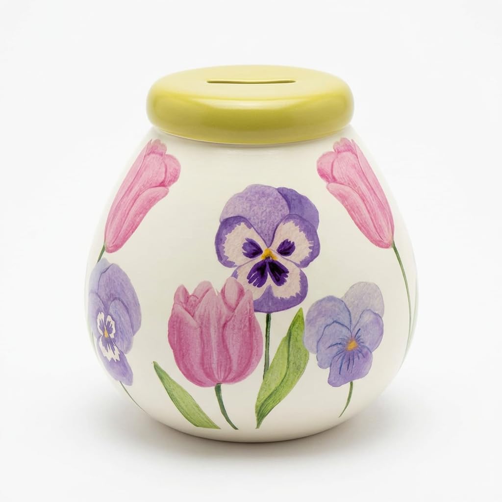 Pot of Dreams Floral Ceramic Money Pot – Hand Painted Savings Jar, Break to Open Piggy Bank, Cottage Style Keepsake Gift for Women, Weddings, Holidays & Rainy Day Savings