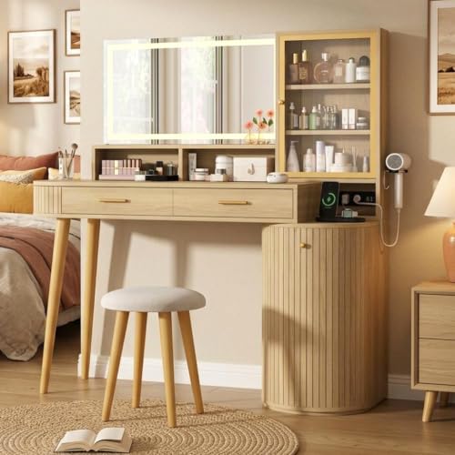 Garvee Vanity Desk with Light Mirror, 47.2 Inch Vanity Table with Stool and Charging Station, Modern Makeup Table with Drawer and Cabinet, Makeup Desk with Glass Door, Adjustable Shelf for B