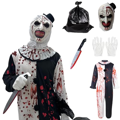 Rehecher Halloween horror clown kostüm,Blutiges Gruseliges Clown kostüm,Art Clown Kostüm,Halloween Cosplay-Set mit Silikon...