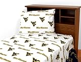 College Covers Everything Comfy West Virginia Mountaineers Queen Sized 4 Piece Sheet Set, White Color Background, 1 Flat Sheet, 1 Fitted Sheet, 2 Pillowcases