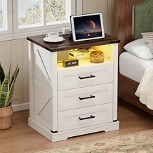 Baoz White Farmhouse Style Nightstand with Charging Station, Wooden Bedside Table with 3 Deep Drawers and LED Light, 26" Tall End Table with 2 USB Ports for Bedroom