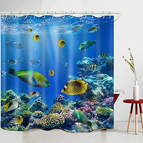 Image of LYFANS Waterproof Polyester Fabric Shower Curtains, Seaworld Print Large Width Partition Curtain, Bathtub Shower Curtain Liner, 12 White Hooks (72x72 inches)