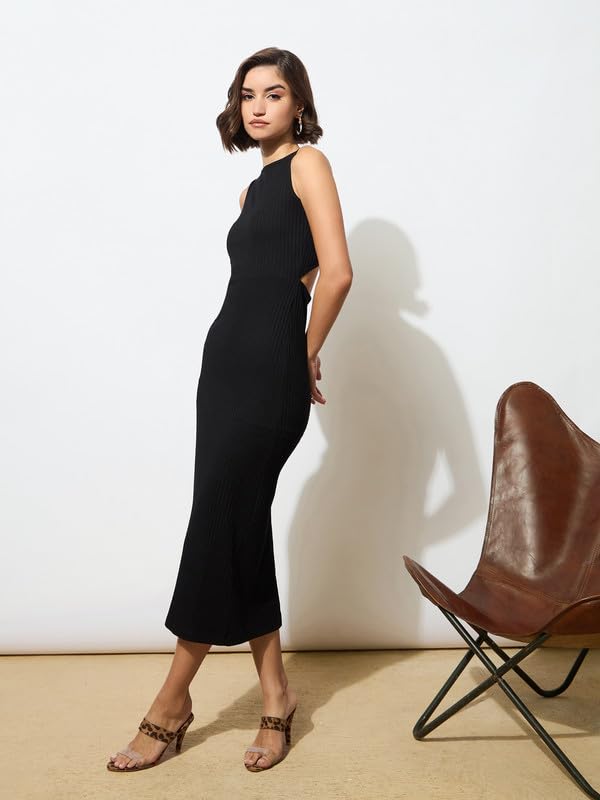 Image of barcino Black Rib Back Cut-Out Midi Dress