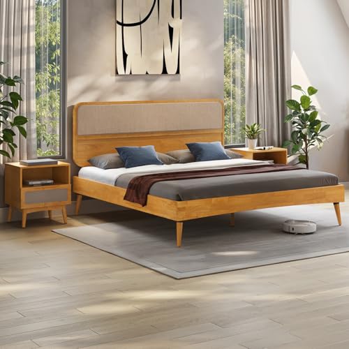 Image of Bme Calista King Size Bed Frame - Solid Wood Platform Bed with Upholstered Headboard, Teak Brown Finish, Mid-Century Modern Style with Sturdy Slats & Tapered Legs, No Box Spring Needed