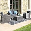 JOIVI 4 Piece Outdoor Patio Furniture Set, All-Weather Wicker Patio Conversation Sets, PE Rattan Sofa Set with Loveseat Chair and Tempered Glass Coffee Table, Dark Gray