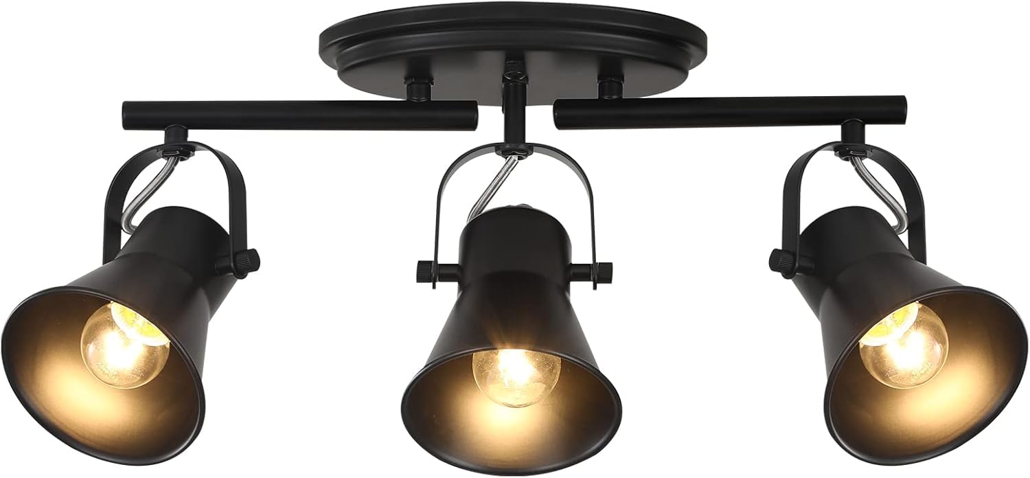 KEESFU 3-Light Track Lighting Kit,Black Semi Flush Mount Ceiling Light with 3 Rotatable Light Heads,Industrial Accent Lighting for Livingroom,Bathroom,Hallway,Art Wall,Bathroom,Kitchen