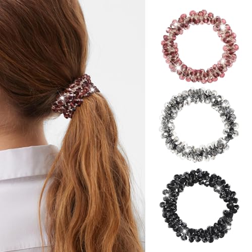 Set di 3 elastici per capelli per donne e ragazze, accessori alla moda con strass scintillanti, elastici colorati, non danneggiano la coda di cavallo, per donne e ragazze (nero, grigio argento, viola)