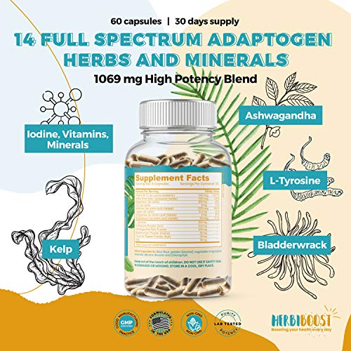 HERBI BOOST NATURALS Thyroid Support for Women with Iodine ǀ 1069mg Extra Strength Supplement for Metabolism, Focus with Ashwagandha, L-Tyrosine, Zinc, Selenium & More