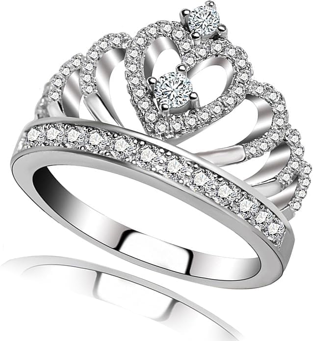 Sdouefos Princess Queen Crown with Cubic Zirconia Rings Eternity Heart-Shaped Promise Ring Zircon Jewelry for Women