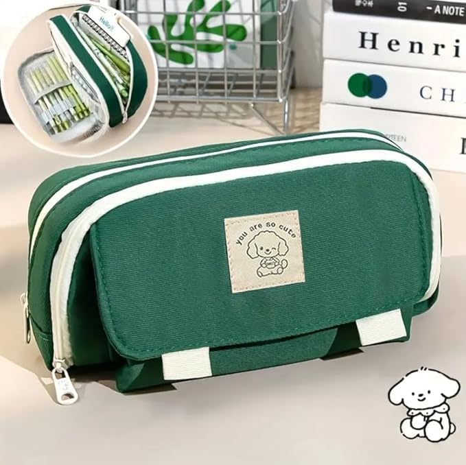 Image of Kawaii Cute Aesthetic Pencil Case for Students | Large Capacity Multi-Pocket Pencil Pouch with Zipper | Cartoon Stationery Organizer Bag for School, College & Office Supplies (So Cute - Green)
