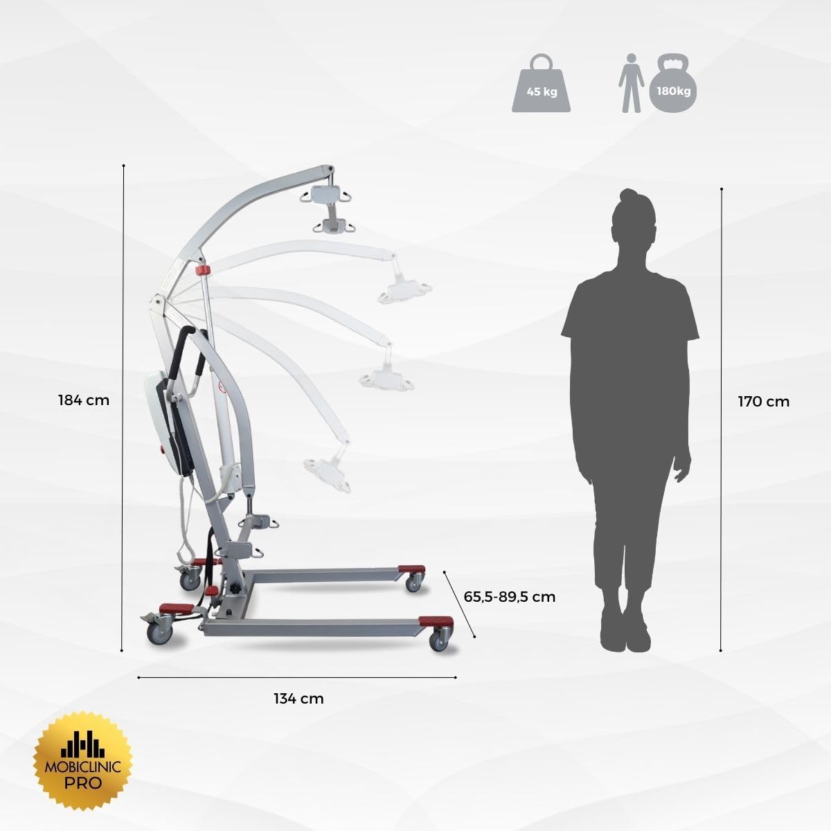 Mobiclinic®, Elektryczny Podnośnik Pacjenta dla Seniorów, Składany, do 180 kg, Rama Wstępnie Zmontowana, w Zestawie Uprząż do Przenoszenia, Regulowana Szerokość, Kółka z Hamulcami, Stalowy, Fortuna