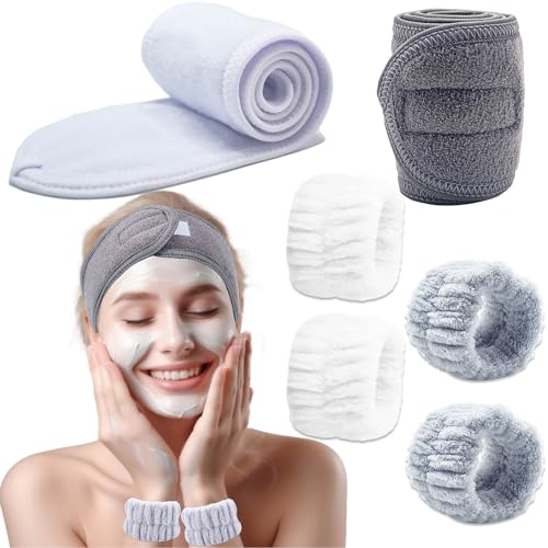 BTIYMU 6 Pièces Bandeau Cheveux Femme Maquillage Bracelet de Lavage Poignet Visage Esthétique, Serre Tete Maquillage Spa Reglable Bandeau Soin Visage Demaquillage Manchette Skincare Set(Blanc, Gris)