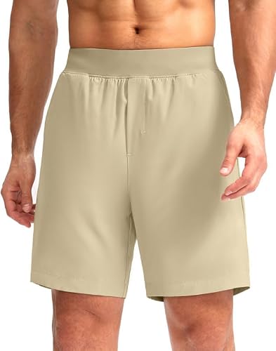 Pudolla Men's Runing Athletic Shorts 7 Inch Lightweight Workout Shorts For Men Summer Gym Casual With Zipper Pocket(Khaki Small) #TOP6
