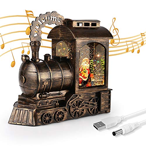 pearlstar Singing Snow Globe Lantern - Lighted Christmas Santa Claus Lantern, Water Snow Globe with Swirling Glitter and Battery & USB Powered, Great Home Decoration and Gift (Train)