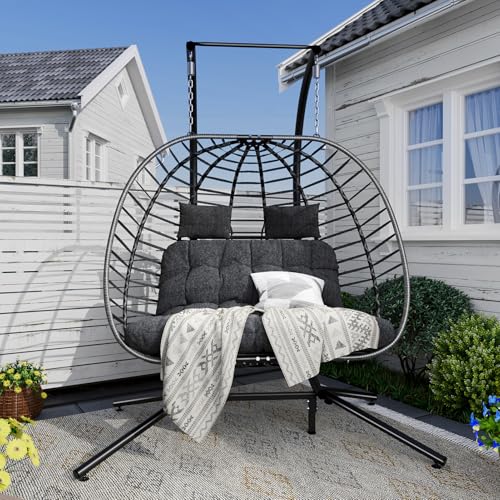 SWITTE Double Egg Swing Chair with Stand, Outdoor Patio 2 Person Hanging Wicker Hammock Chairs with Cushion for Indoor Bedroom, Lawn, Garden-Dark Grey