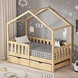 ML-Design Letto Casetta per Bambini 70x140 cm in Legno di Pino Naturale con Barriera, 2 Cassetti Contenitore e Rete a Doghe, Lettino Montessori a Pavimento, Letto Singolo per Bimbi