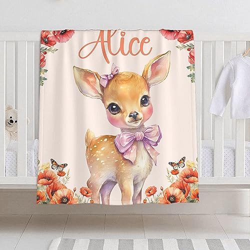 Sandilya Personalized Baby & Kids Custom Name Blanket with Deer Theme, Soft Flannel, Unisex, Pink/Red, 30