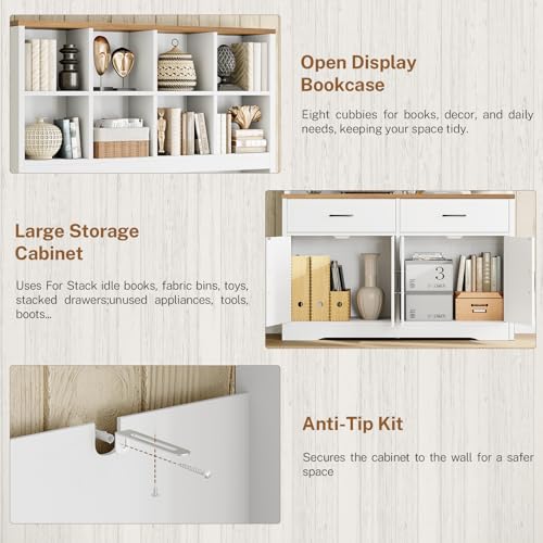 Image of TEENFON Storage Cabinet with Doors and Drawers, Pantry Cabinets, 5 Tier Floor Standing Bookshelves, Bookshelf and Bookcase, 8 Open Storage Shelves and Printer Stand for Study, Living Room, Office