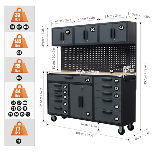 Image of 72in Rolling Tool Chest Cabinet, 2PCS Mobile Garage Workbench Heavy-Duty Tool Cabinet on Wheels with 11 Drawers, 2-Door Cabinet, 3 Top Cabinet, Pegboard & Power Strip for Tool Organization