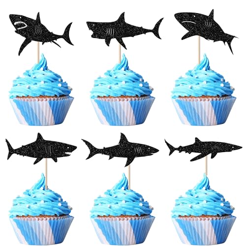 YCTHUNFISH 24 Pack Shark Cupcake Toppers Glitter Ocean Animals Shark Cupcake Picks for Baby Shower Kids Shark Theme Birthday Party Cake Decorations Supplies Black