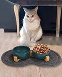 Futternapf Hund Keramik Futternapf Katze Doppelt Futternapf für Hunde und Katze mit Bambus Ständer und Rutschfester Unterlage (400ml, 2-Grün)