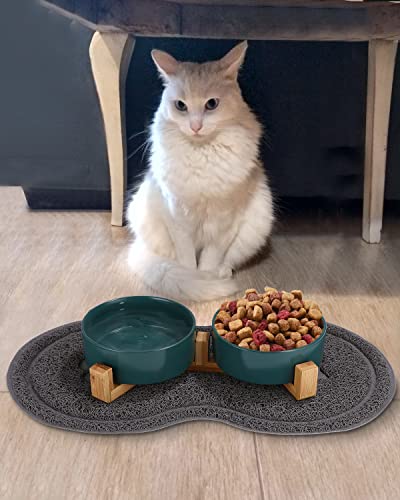 JOFLVA Futternapf Hund Keramik Futternapf Katze Doppelt Futternapf für Hunde und Katze mit Bambus Ständer und Rutschfester Unterlage (400ml, 2-Grün)