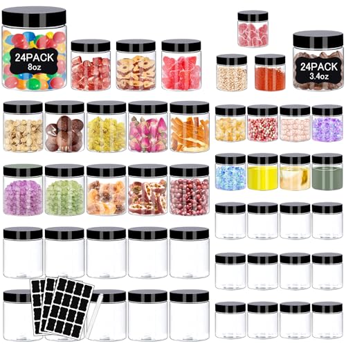 Hajoyful Plastic Jars with Lids 48 Pcs 8 oz & 3.4 oz Clear Plastic Slime Storage Jars Containers with Airtight Black Screw On Lids Cylinder Clear Round Jar Easy Clean Food Grade Durable Jar