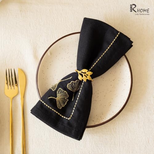 Image of R home Black Leaf Luxe Cotton Slub Table Napkins Set of 6 | 45x45 cm | Zari Embroidered Cloth Napkins | Elegant Dining & Cocktail Napkins | Premium Table Linen for Dining, Parties & Home Decor
