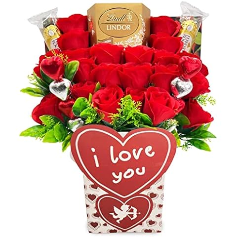 Valentines Gifts for Her - Lindt Lindor Chocolate Gift Bouquet with Ferrero Rocher, Heart Chocolates and Red Roses - Flowers and Chocolates Gift Set - Chocolate Bouquet Gifts for Her (Lindt Assorted) Cover