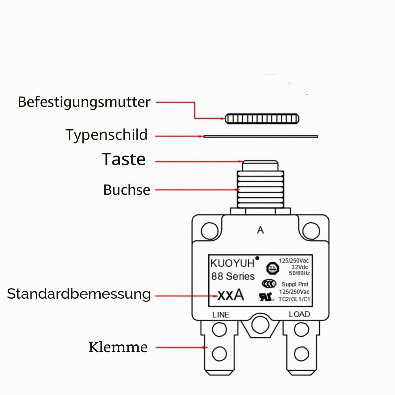Original KUOYUH Leitungsschutzschalter 12A 88 Serie, 125/250 V AC, 50/60 Hz, Push-to-Reset (12 A)