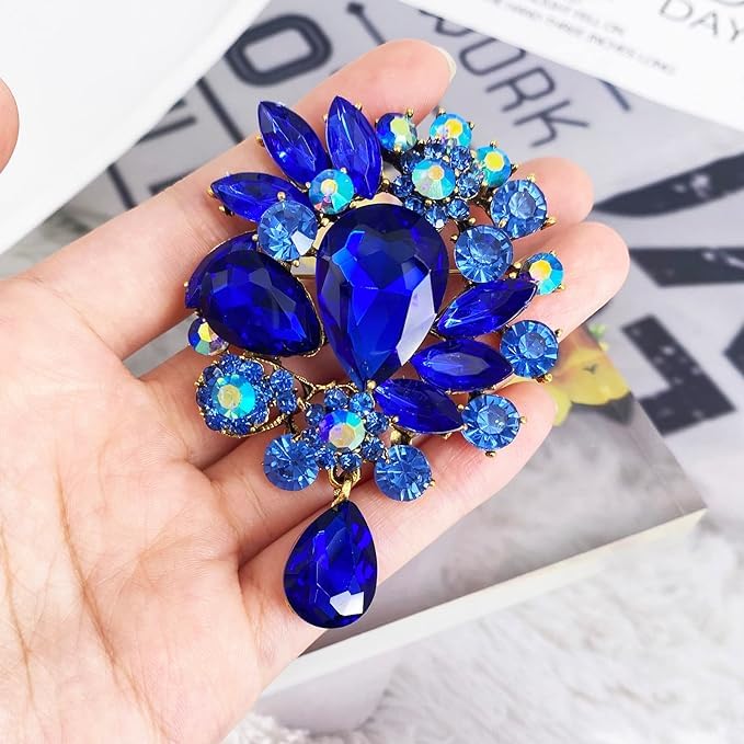 Image of Wedding Bridal Big Crystal Rhinestone Bouquet Brooch Pin for Women (Blue Tear Drop)