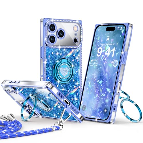 Coque iPhone 17 Pro Brillante avec Strass de Luxe et Support Coeur Bleu - Coque Bijou Unique