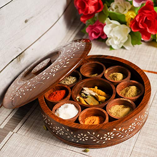 Image of Naayaab Craft Sheesham Wood Pakka Masala Box with Spoon, Round Table Top Masala Dabba 7 Containers for Kitchen (Brown, 25 x 25 x 8.5 cm)