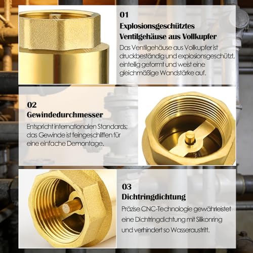 Messing Rückschlagventil Rückflussverhinderer Universal Rücklaufanhebung Rücklaufventil Wasser,Rostfrei und Wasserdicht für Heizungs, Garten, Waschmaschine (1zoll-AG zu IG)