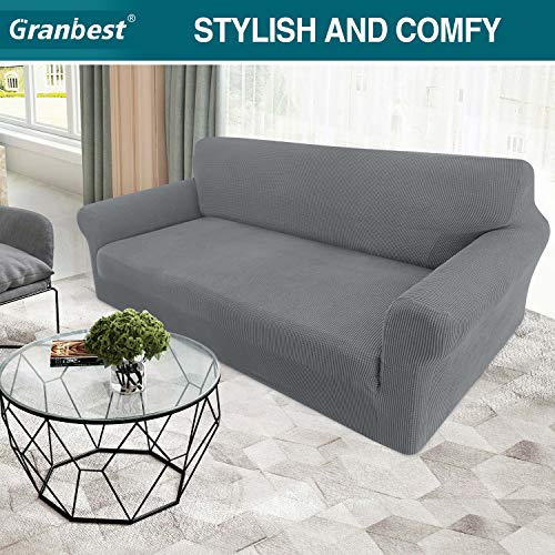 Granbest High Stretch Sofa Covers 3 Seater Super Soft Stylish Couch Covers for Dogs Pets Cats Jacquard Spandex Non Slip Sofa Slipcover for Living Room Furniture Protector (3 Seater, Light Gray) - Image 3