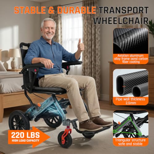 Image of SOFTFISH Wheelchairs for Adults with Foldable Footrest and Armrests, Narrow Transport Wheelchair Lightweight Foldable for Tight Spaces, 10 inch PU Wheel Chair for Travel Outing