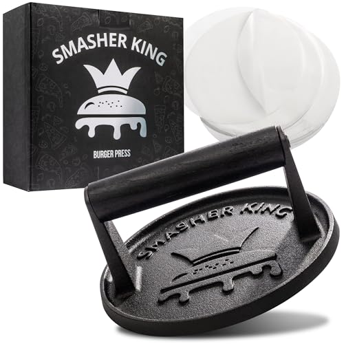 SMASHER KING™ - Premium Cast Iron Smash Burger Press incl. 25 pcs of Patty Paper, Burger Smasher for Griddle with Black Wood Handle, Perfect Hamburger Press