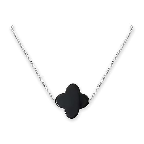 Black Onyx Clover Necklace for Women, Black Onyx Clover Bead on Sterling Silver Necklace Chain, Good Luck Charm Layering Choker Necklace (16 inches