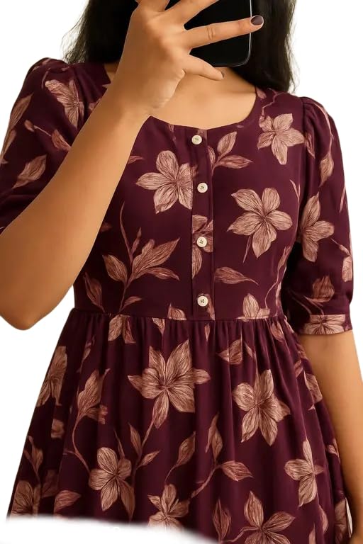 Image of Women's Round Neck Floral Block Printed Elbow Sleeves Front Button Detailing Layered and Tiered Hem Kurti Gown