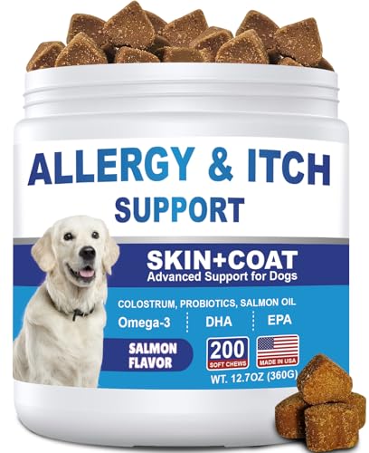 Dog Allergy Chews 200ct, Dog Allergy Skin Relief Chews for Dry Skin, Itchy Skin Relief Supplement for Paw Licking & Anti-Itch for Dogs with Colostrum, Salmon Oil, Probiotics to Boost the Immune System