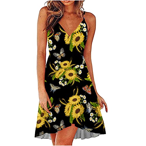 Strappy Crossing Dresses for Women Flower Printed Sleeveless Halter Dress High Waist Pleated Short Casual Dress