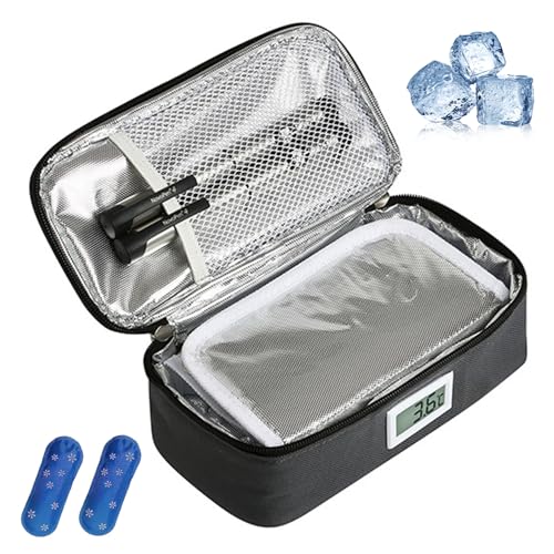 Estuche de viaje para refrigerador de insulina con pantalla de temperatura Aislamiento portátil para refrigerador de insulina 9x4x3 en Estuche de viaje para diabetes a prueba de golpes con asa y 2 bo