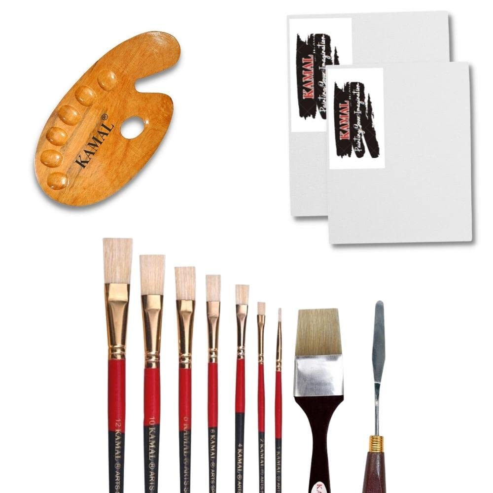 KAMAL Flat WASH HOG Toolkit with Cotton Canvas Board Medium Grain 8X10,16X12 Inch Set of 2 with Wooden Palette Medium