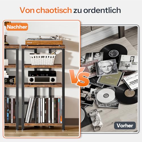 HOOBRO HiFi-Rack mit 4 Ablagen, HiFi-Regal, Plattenspieler-Regal, Schallplattenaufbewahrung, HiFi-Ständer, Plattenspielerständer, für Wohnzimmer, Schlafzimmer, Schwarz und Vintagebraun EBF42CJ01