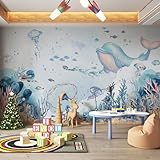 Zeeko Large Kids Room Wall Mural 148' W x 110' H Blue Watercolor Ocean Theme Nursery Wallpaper Mural Peel and Stick Cartoon Undersea World Ocean Mural Self-Adhesive Wallpaper for Nursery Kids Bedroom