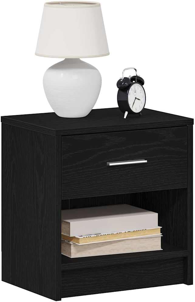 Black bedside cabinet with a lamp and alarm clock on top, and books on the shelf